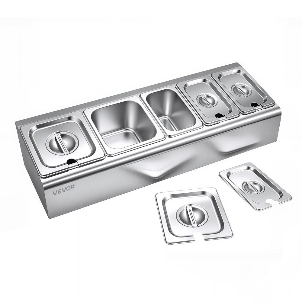 VEVOR Countertop Food Serving Display Container, Stainless Steel Food Salad Server Tray, Buffet Condiment Dispenser, Ice Cooled Rack with Separate Lid, for Restaurant Hotel Kitchen (2x1/6+3x1/9 Pan)