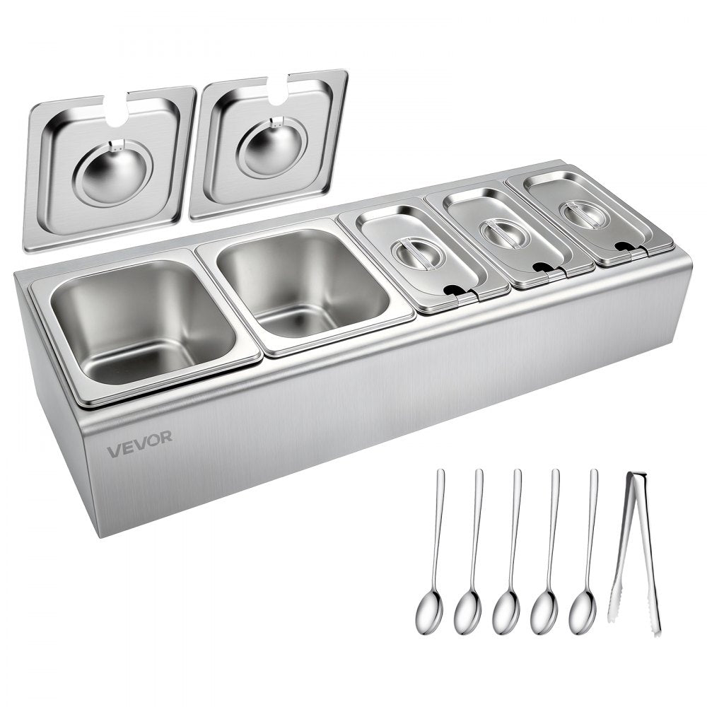 VEVOR Countertop Food Serving Display Container, Stainless Steel Food Salad Server Tray, Buffet Condiment Dispenser, Ice Cooled Rack with Separate Lid, for Restaurant Hotel Kitchen (2x1/6+3x1/9 Pan)
