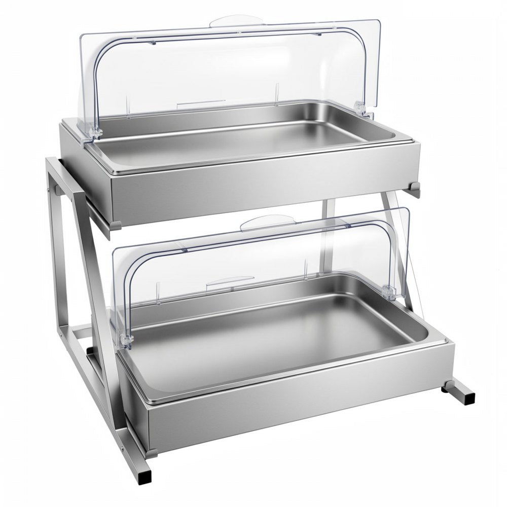 VEVOR Countertop Food Serving Display Container, 2 Tier Stainless Steel Food Salad Server Tray, Buffet Condiment Dispenser, Ice Cooled Rack with Clear Roll Top Cover, for Restaurant Hotel (1/1 Pan x2)