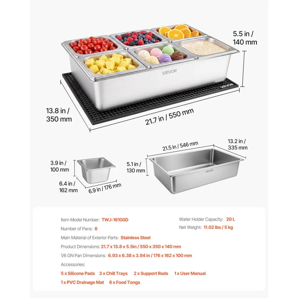 VEVOR Countertop Food Serving Display Container, Stainless Steel Food Salad Server Tray, Buffet Condiment Dispenser, Ice Cooled Rack with Separate Lid, for Restaurant, Hotel, Party (6x1/6 Pan)
