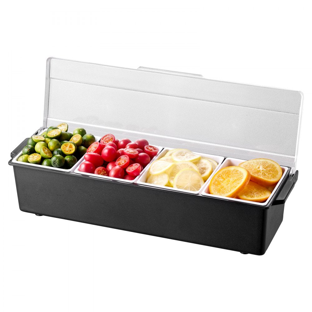 VEVOR Chilled Condiment Server, 4 Compartment Ice Cooled Condiment Serving Container, Chilled Garnish Tray Bar Caddy with Lid, for Bartending & Serving Taco, Salad, Fruit, Home & Restaurant Supplies