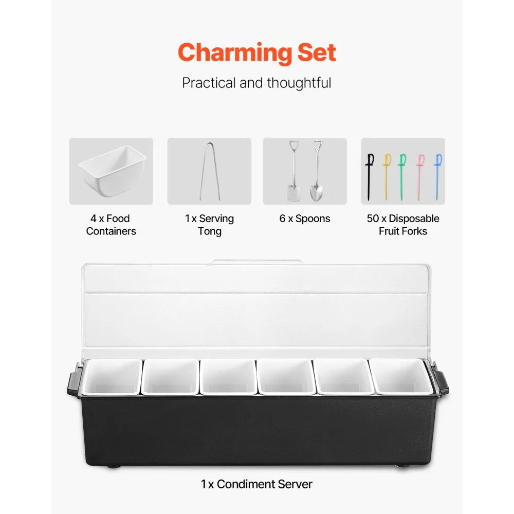 VEVOR Chilled Condiment Server, 6 Compartment Ice Cooled Condiment Serving Container, Chilled Garnish Tray Bar Caddy with Lid, for Bartending & Serving Taco, Salad, Fruit, Home & Restaurant Supplies