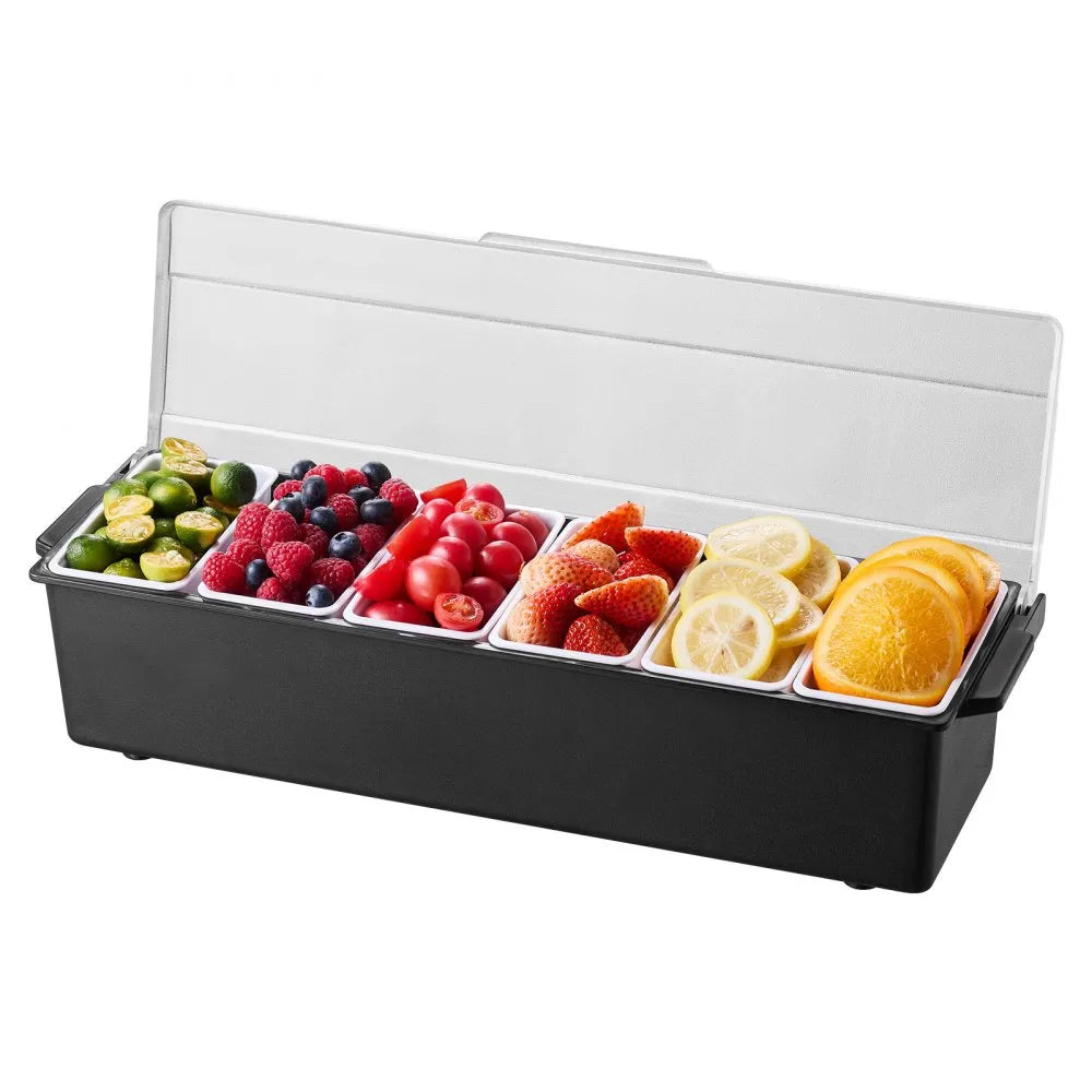 VEVOR Chilled Condiment Server, 6 Compartment Ice Cooled Condiment Serving Container, Chilled Garnish Tray Bar Caddy with Lid, for Bartending & Serving Taco, Salad, Fruit, Home & Restaurant Supplies