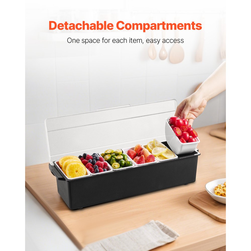 VEVOR Ice Cooled Condiment Serving Container, 6 Compartments Chilled Server, Fruit Veggie Condiment Caddy, Plastic Garnish Station Lid Dispenser Tray, for Bartending & Serving Taco Restaurant Supplies