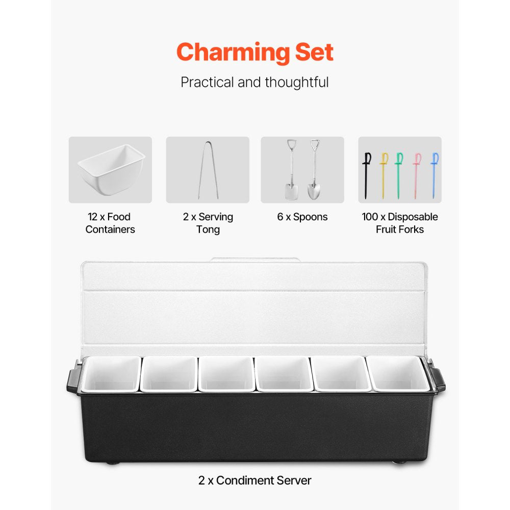 VEVOR Ice Cooled Condiment Serving Container, 6 Compartments Chilled Server, Fruit Veggie Condiment Caddy, Plastic Garnish Station Lid Dispenser Tray, for Bartending & Serving Taco Restaurant Supplies