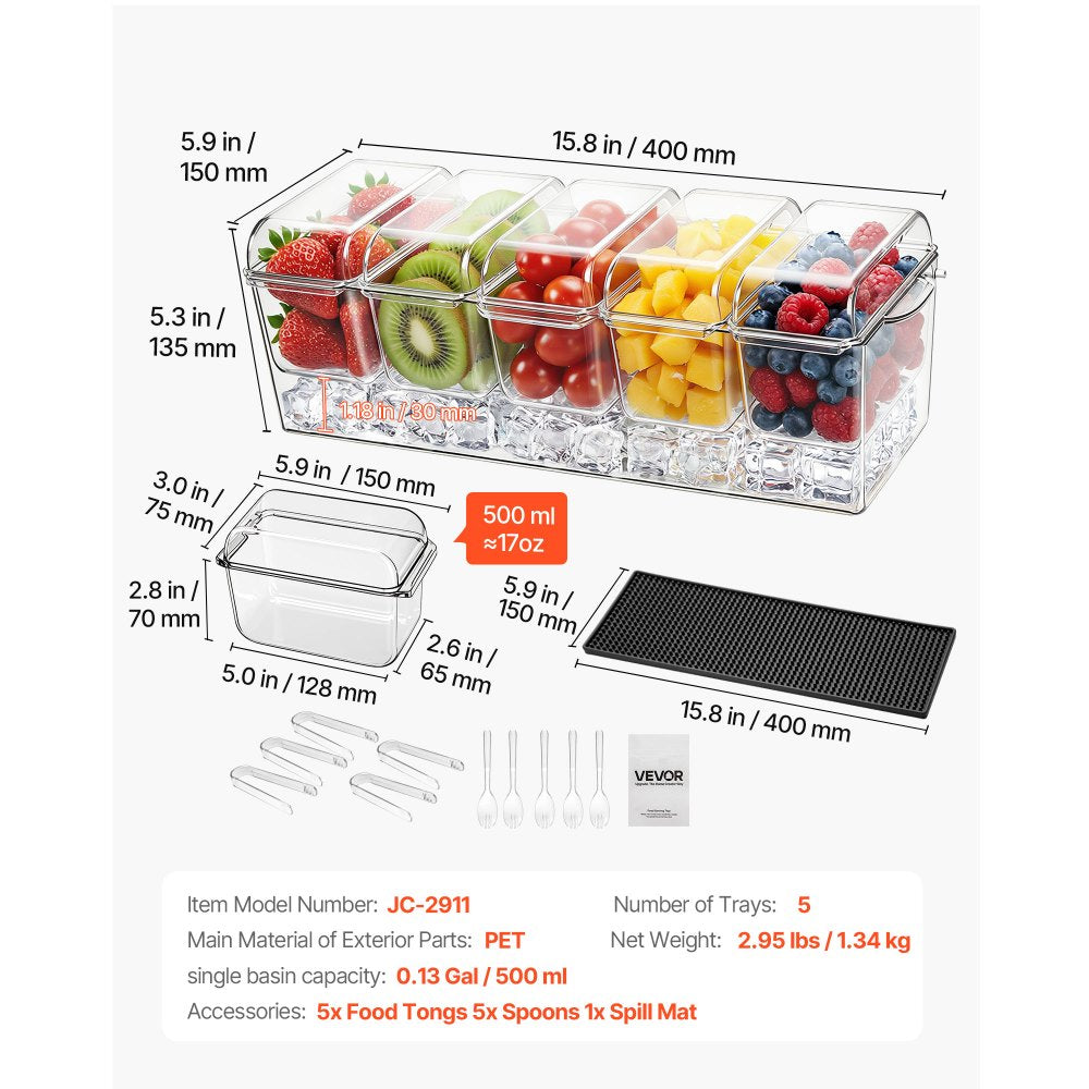 VEVOR Chilled Condiment Server Caddy, 5 Compartment Ice Cooled Serving Container, Plastic Fruit Garnish Tray Platter with Separate Lid, for Taco Salad Bar Accessories, Party Home Restaurant Supplies