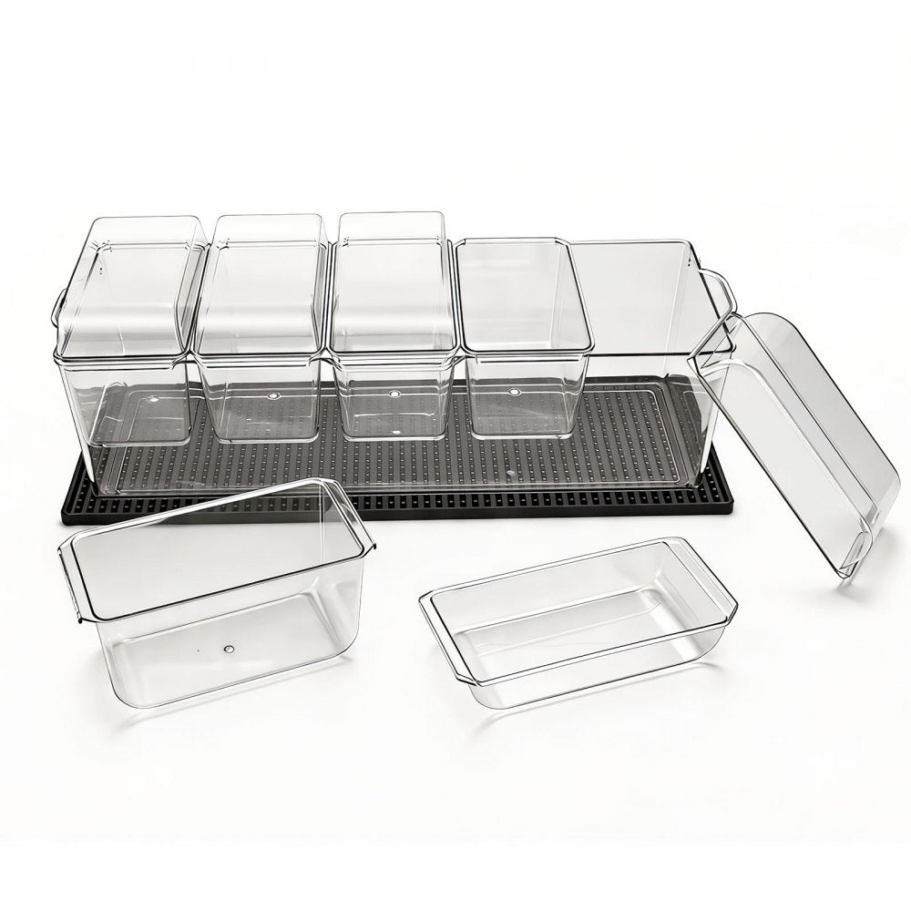 VEVOR Chilled Condiment Server Caddy, 5 Compartment Ice Cooled Serving Container, Plastic Fruit Garnish Tray Platter with Separate Lid, for Taco Salad Bar Accessories, Party Home Restaurant Supplies