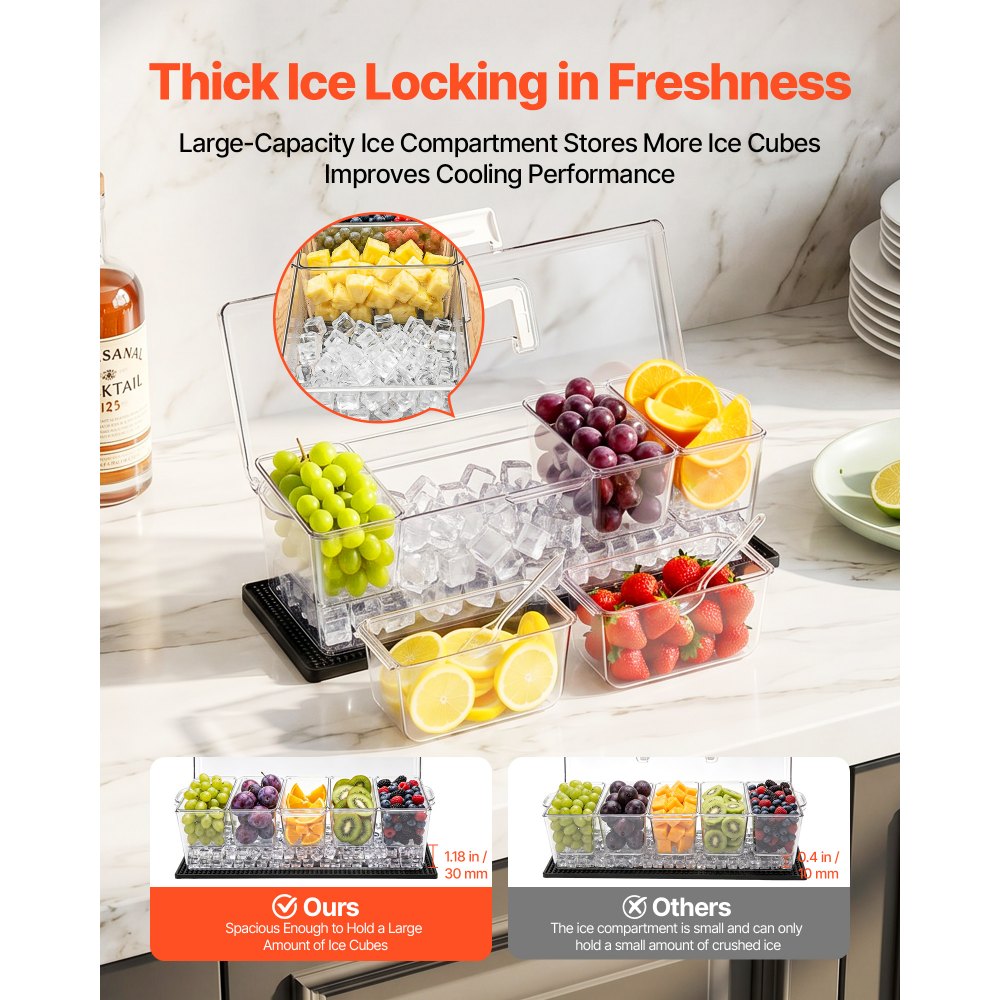 VEVOR Chilled Condiment Server Caddy, 5 Compartment Ice Cooled Serving Container, Plastic Fruit Garnish Tray Platter with Lid, for Taco Salad Bar Accessories, Party Home Restaurant Supplies
