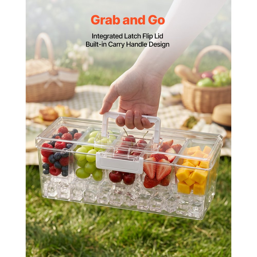 VEVOR Chilled Condiment Server Caddy, 5 Compartment Ice Cooled Serving Container, Plastic Fruit Garnish Tray Platter with Lid, for Taco Salad Bar Accessories, Party Home Restaurant Supplies