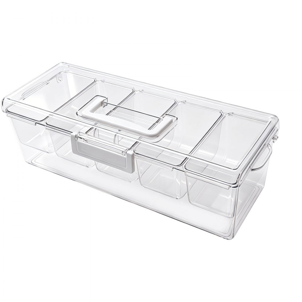 VEVOR Chilled Condiment Server Caddy, 5 Compartment Ice Cooled Serving Container, Plastic Fruit Garnish Tray Platter with Lid, for Taco Salad Bar Accessories, Party Home Restaurant Supplies