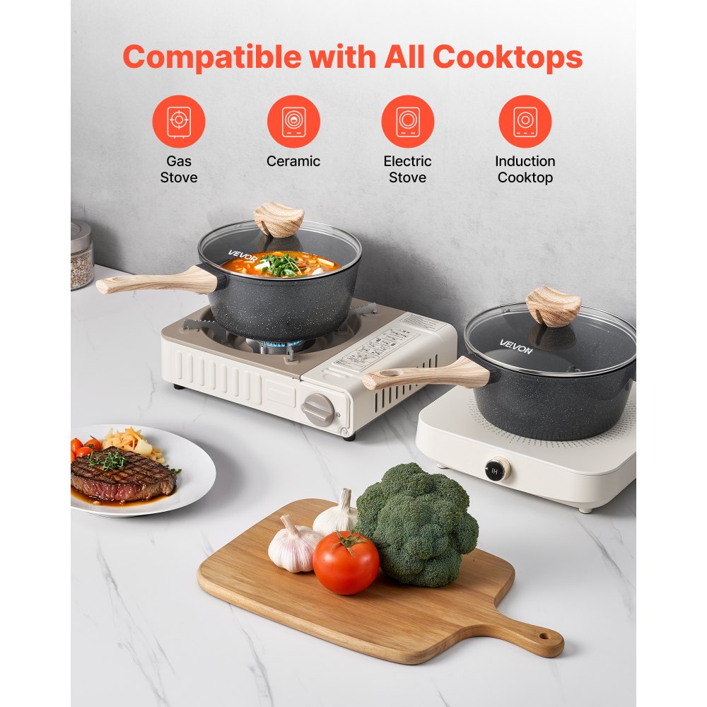 VEVOR 2.5 QT Saucepan, Nonstick Saucepan with Tempered Glass Lid, Multipurpose Cooking Sauce Pot with Detachable Handle, Sauce Pan Small Kitchen Cooking Pot with Coating, Induction Compatible, Black