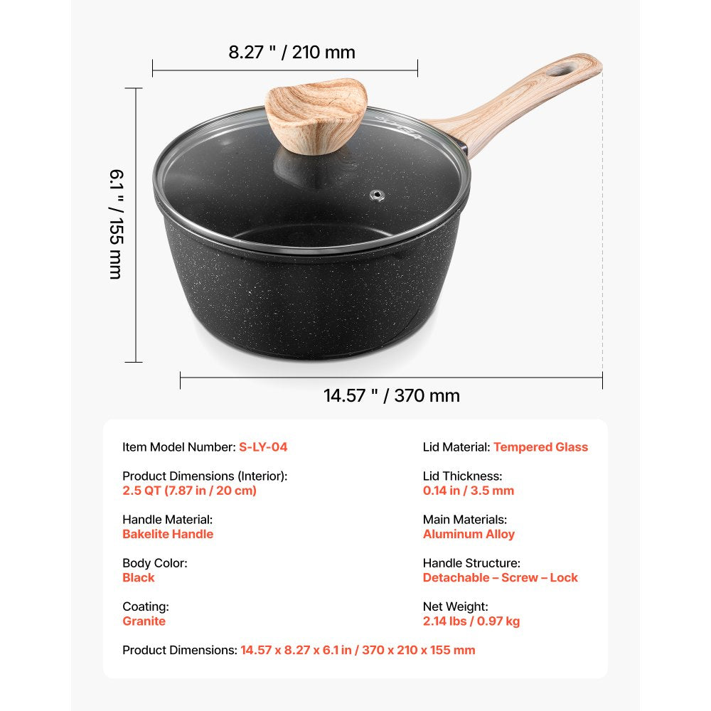 VEVOR 2.5 QT Saucepan, Nonstick Saucepan with Tempered Glass Lid, Multipurpose Cooking Sauce Pot with Detachable Handle, Sauce Pan Small Kitchen Cooking Pot with Coating, Induction Compatible, Black