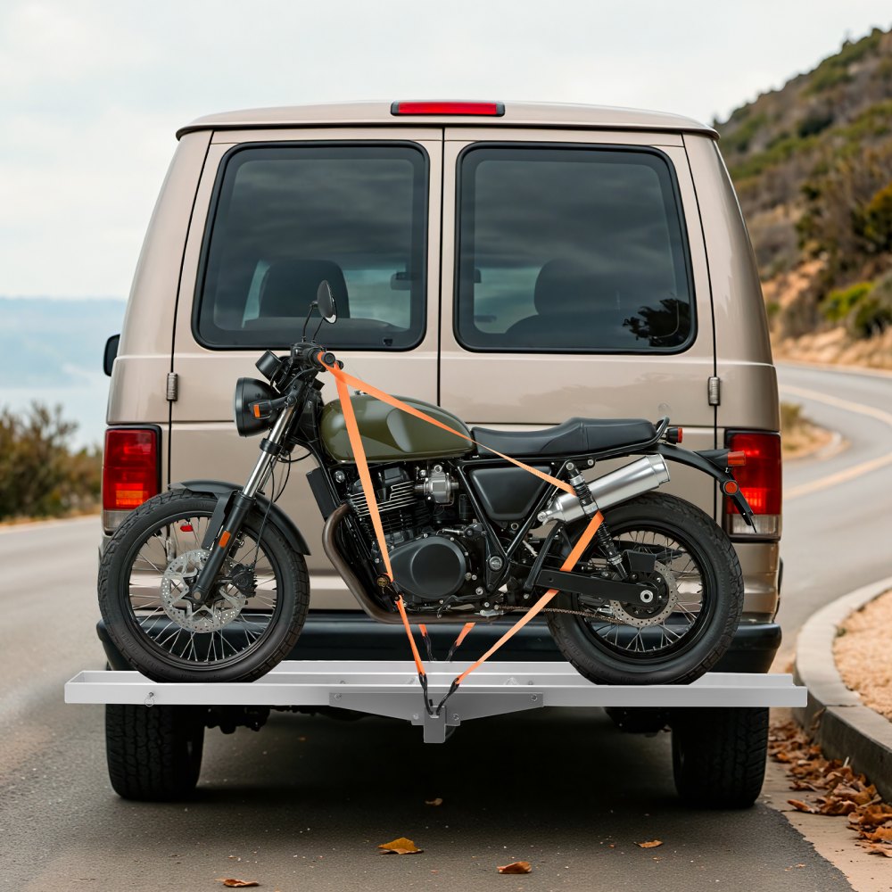 VEVOR Motorcycle Carrier, 400 lbs Capacity, Heavy Duty Aluminum Hitch Mount Rack with 47in Loading Ramp, Straps & Stabilizer, Scooter Dirt Bike Trailer Hauler for Car Truck with 2-Inch Hitch Receiver