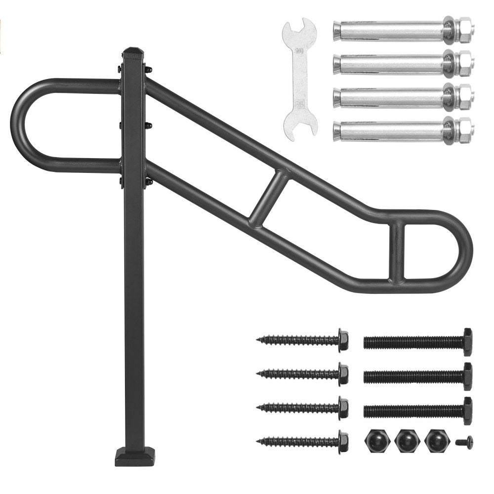 VEVOR Single Post Handrail for Outdoor 1-3 Steps, 40.5" L x 35.4" H Metal Bent Stair Handrails, Floor Mounted Carbon Steel Stair Railing, U-Shaped Post Grab Rails with 2 Anti-Skid Crossbar for Garage