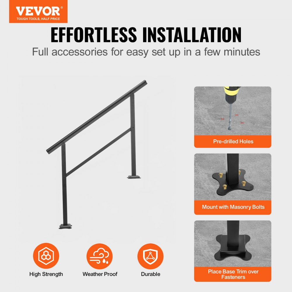 VEVOR Handrail Outdoor Stairs 47.6 X 35.2 Inch Outdoor Handrail Outdoor Stair Railing Adjustable from 0 to 30 Degrees Handrail for Stairs Outdoor Aluminum Black Stair Railing Fit 3-4 Steps