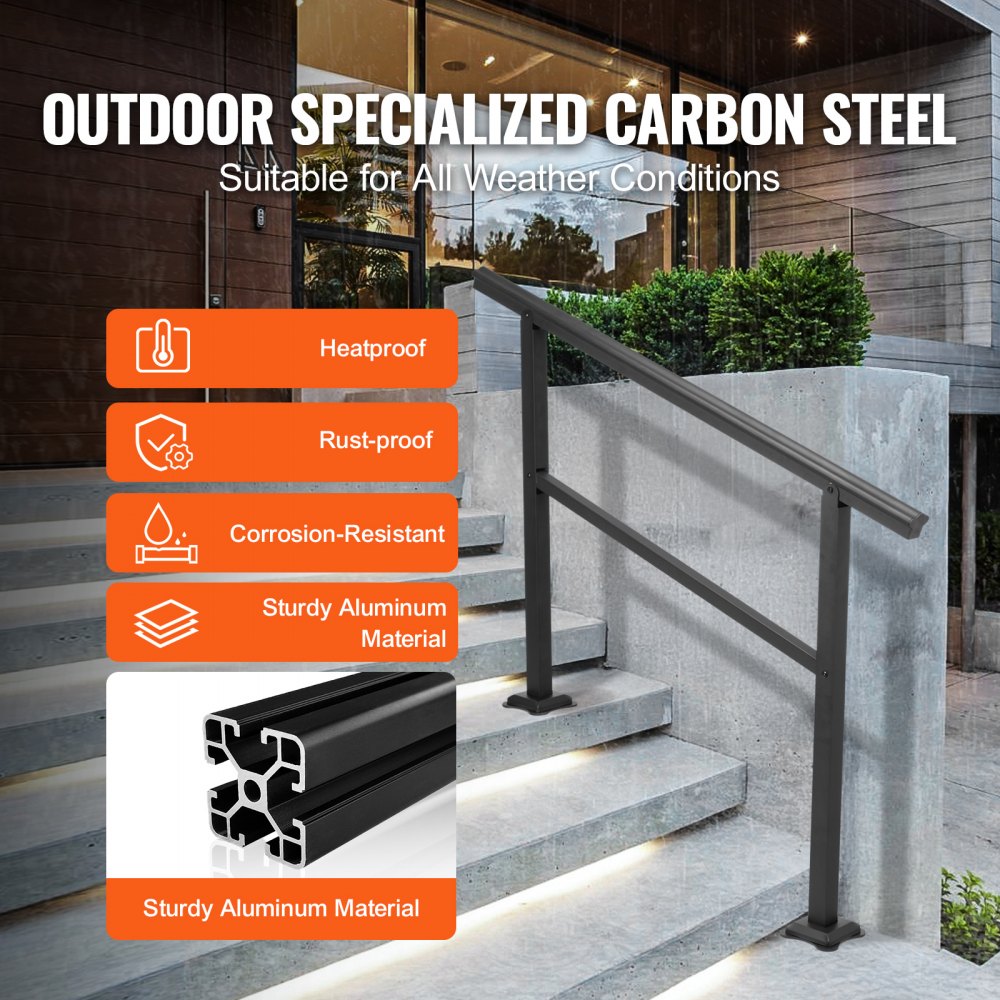 VEVOR Handrail Outdoor Stairs 47.6 X 35.2 Inch Outdoor Handrail Outdoor Stair Railing Adjustable from 0 to 30 Degrees Handrail for Stairs Outdoor Aluminum Black Stair Railing Fit 3-4 Steps