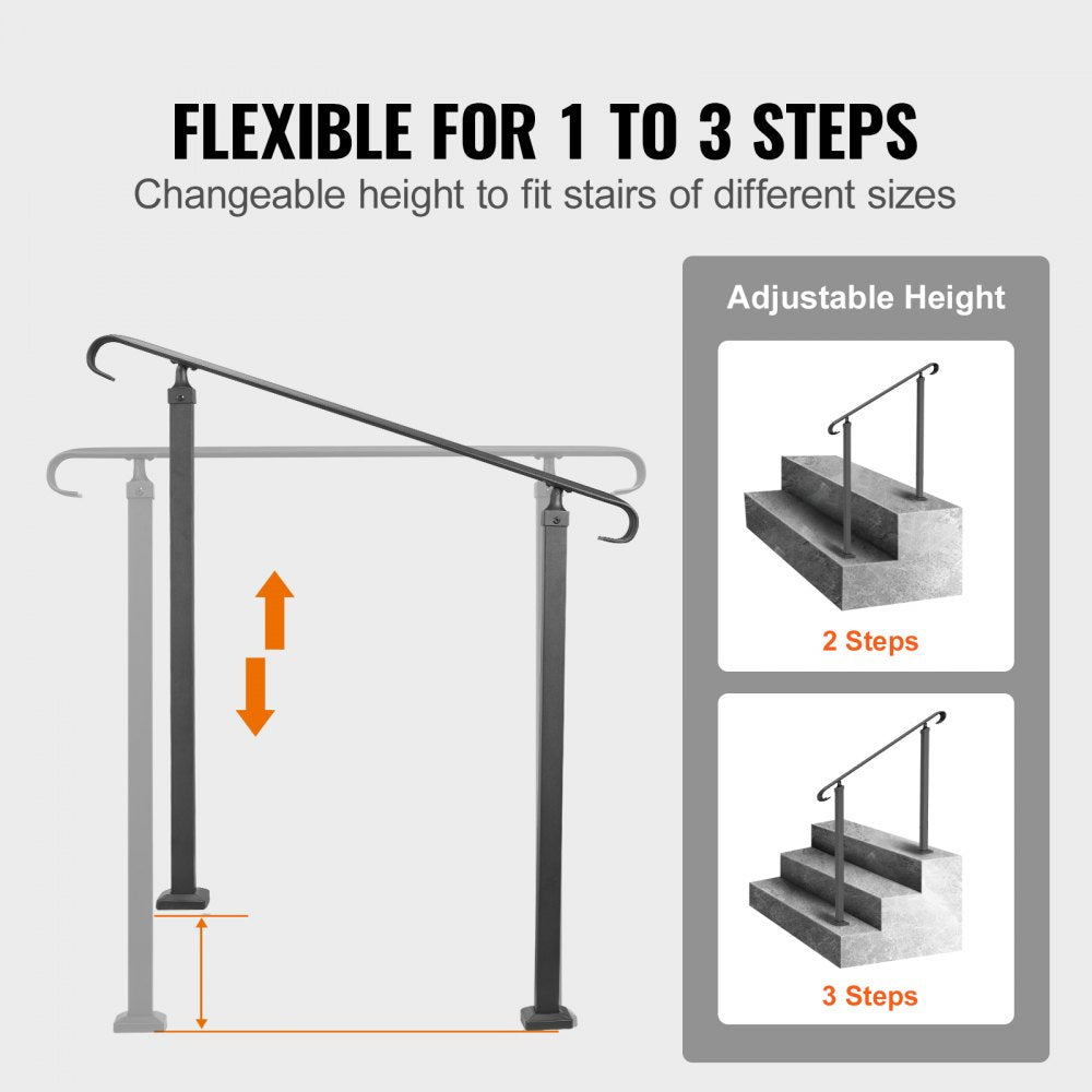 VEVOR Handrail Outdoor Stairs 47.6 X 35.2 Inch Outdoor Handrail Outdoor Stair Railing Adjustable from 0 to 30 Degrees Handrail for Stairs Outdoor Aluminum Black Stair Railing Fit 3-4 Steps