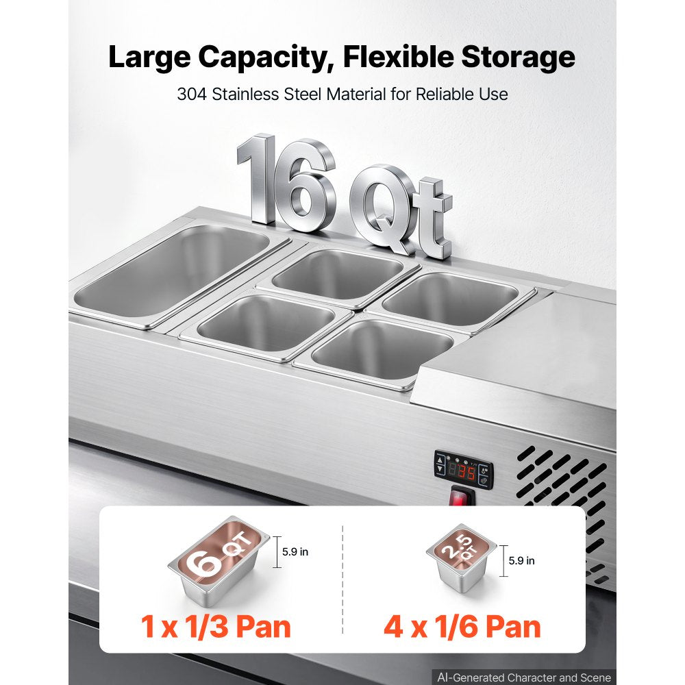 VEVOR Refrigerated Countertop Prep Unit Condiment Prep Station 16 QT ETL, for Commercial Restaurant Salad Bar, 160W, with 1 x 1/3 & 4 x 1/6 Pans, Auto Defrost, Adjustable Temp, Glass Sneeze Guard