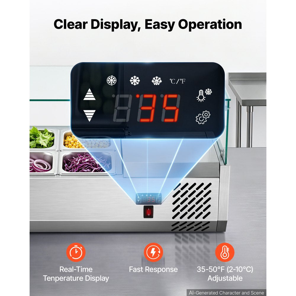 VEVOR Refrigerated Countertop Prep Unit Condiment Prep Station 16 QT ETL, for Commercial Restaurant Salad Bar, 160W, with 1 x 1/3 & 4 x 1/6 Pans, Auto Defrost, Adjustable Temp, Glass Sneeze Guard