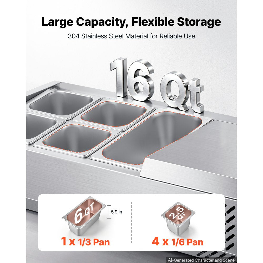 VEVOR Refrigerated Countertop Prep Unit Condiment Prep Station 14 QT ETL, for Commercial Restaurant Salad Bar, 160W, with 1 x 1/3 & 4 x 1/6 Pans, Auto Defrost, Temp Control, Stainless Steel Cover