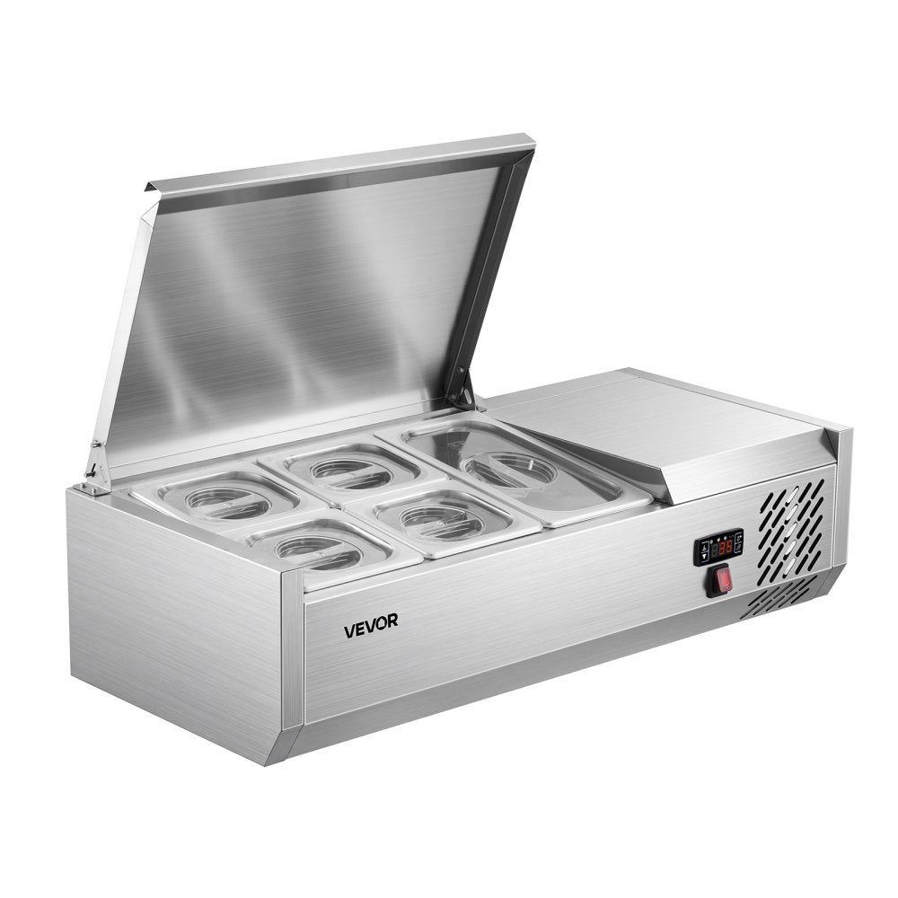 VEVOR Refrigerated Countertop Prep Unit Condiment Prep Station 14 QT ETL, for Commercial Restaurant Salad Bar, 160W, with 1 x 1/3 & 4 x 1/6 Pans, Auto Defrost, Temp Control, Stainless Steel Cover