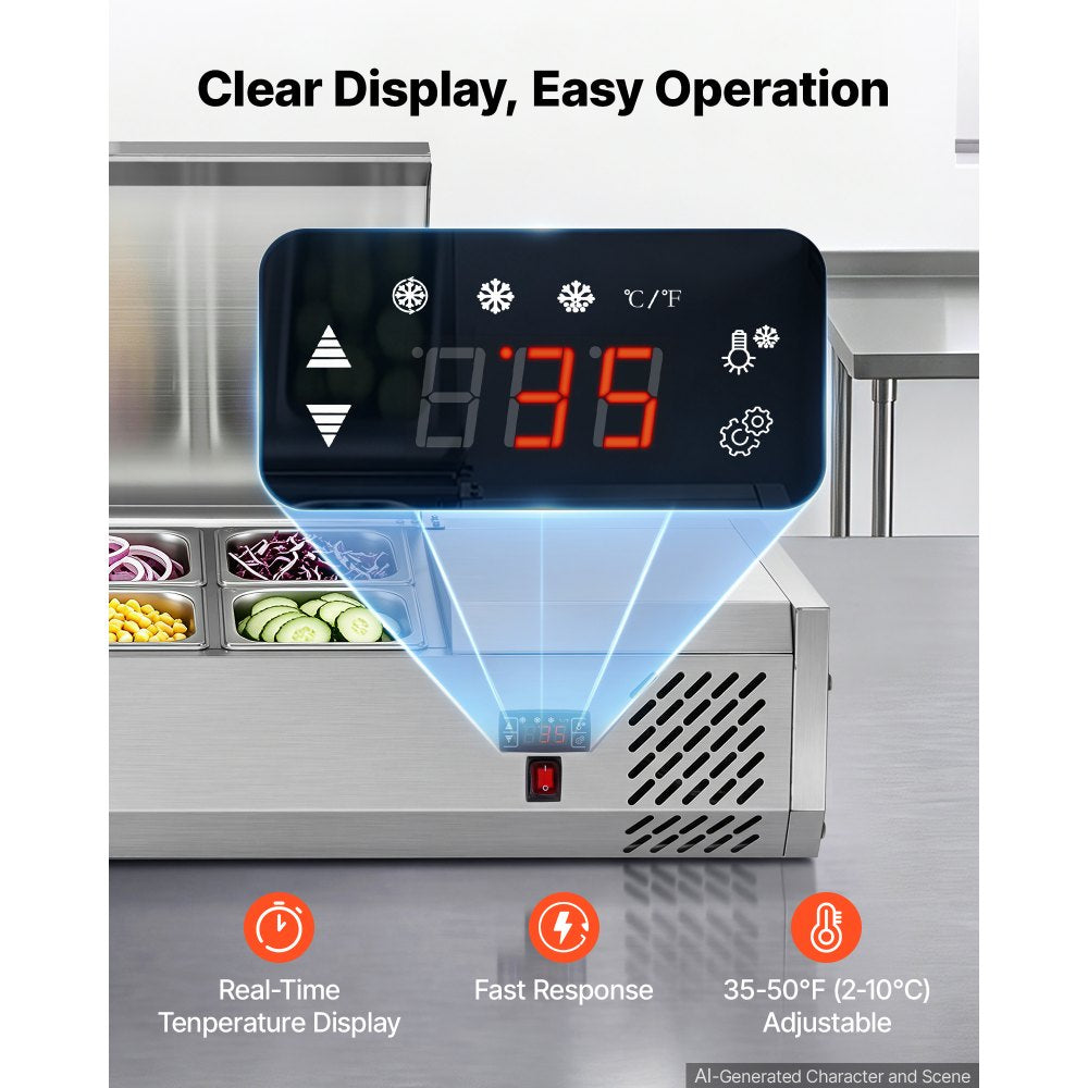 VEVOR Refrigerated Countertop Prep Unit Condiment Prep Station 22 QT ETL, for Commercial Restaurant Salad Bar, 160W, with 2 x 1/3 & 4 x 1/6 Pans, Auto Defrost, Temp Control, Stainless Steel Cover
