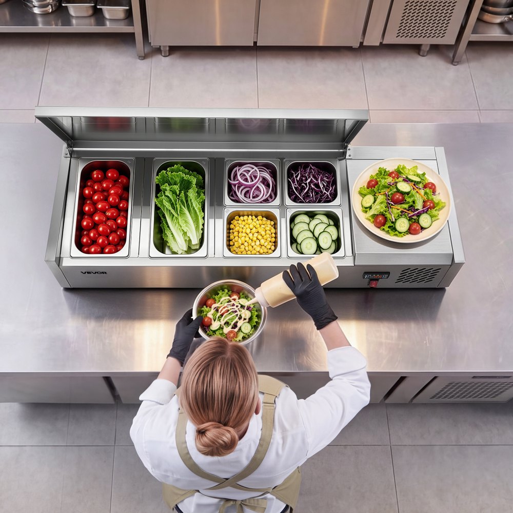 VEVOR Refrigerated Countertop Prep Unit Condiment Prep Station 22 QT ETL, for Commercial Restaurant Salad Bar, 160W, with 2 x 1/3 & 4 x 1/6 Pans, Auto Defrost, Temp Control, Stainless Steel Cover
