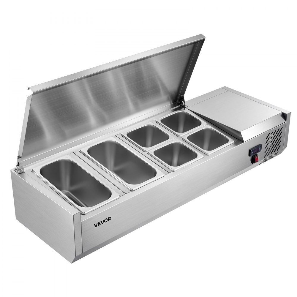 VEVOR Refrigerated Countertop Prep Unit Condiment Prep Station 22 QT ETL, for Commercial Restaurant Salad Bar, 160W, with 2 x 1/3 & 4 x 1/6 Pans, Auto Defrost, Temp Control, Stainless Steel Cover