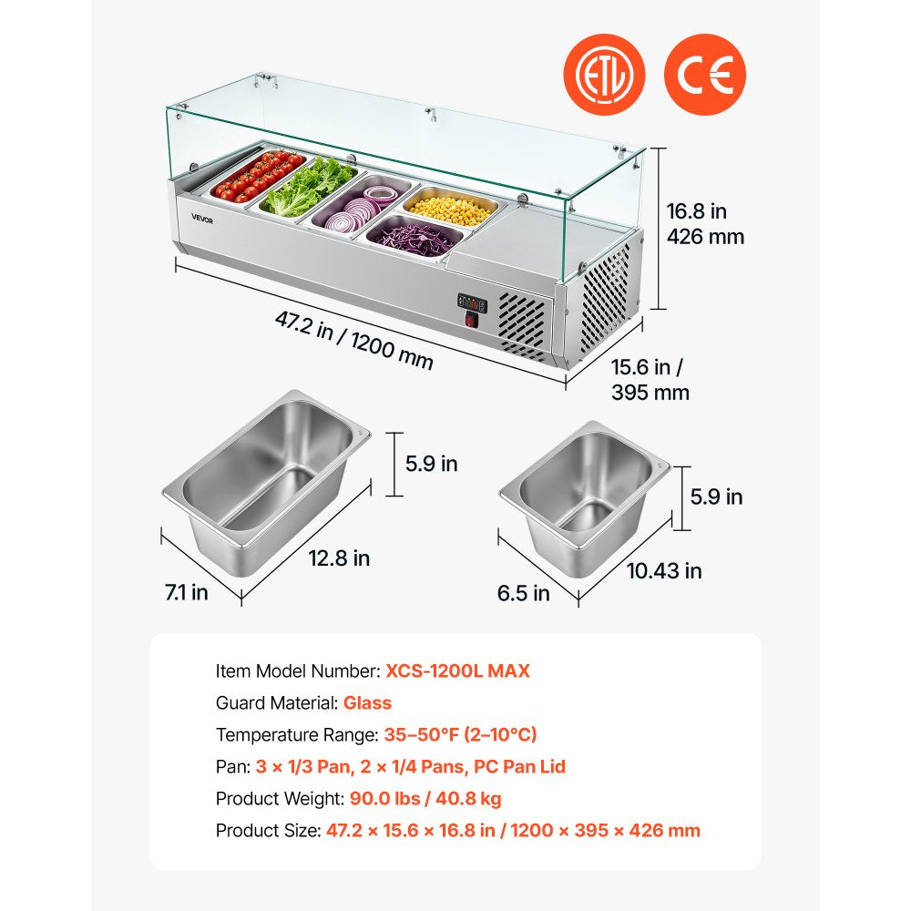 VEVOR Refrigerated Countertop Prep Unit Condiment Prep Station 26.4QT ETL, for Commercial Restaurant Salad Bar, 160W, with 3 x 1/3 & 2 x 1/4 Pans, Auto Defrost, Adjustable Temp, Glass Sneeze Guard