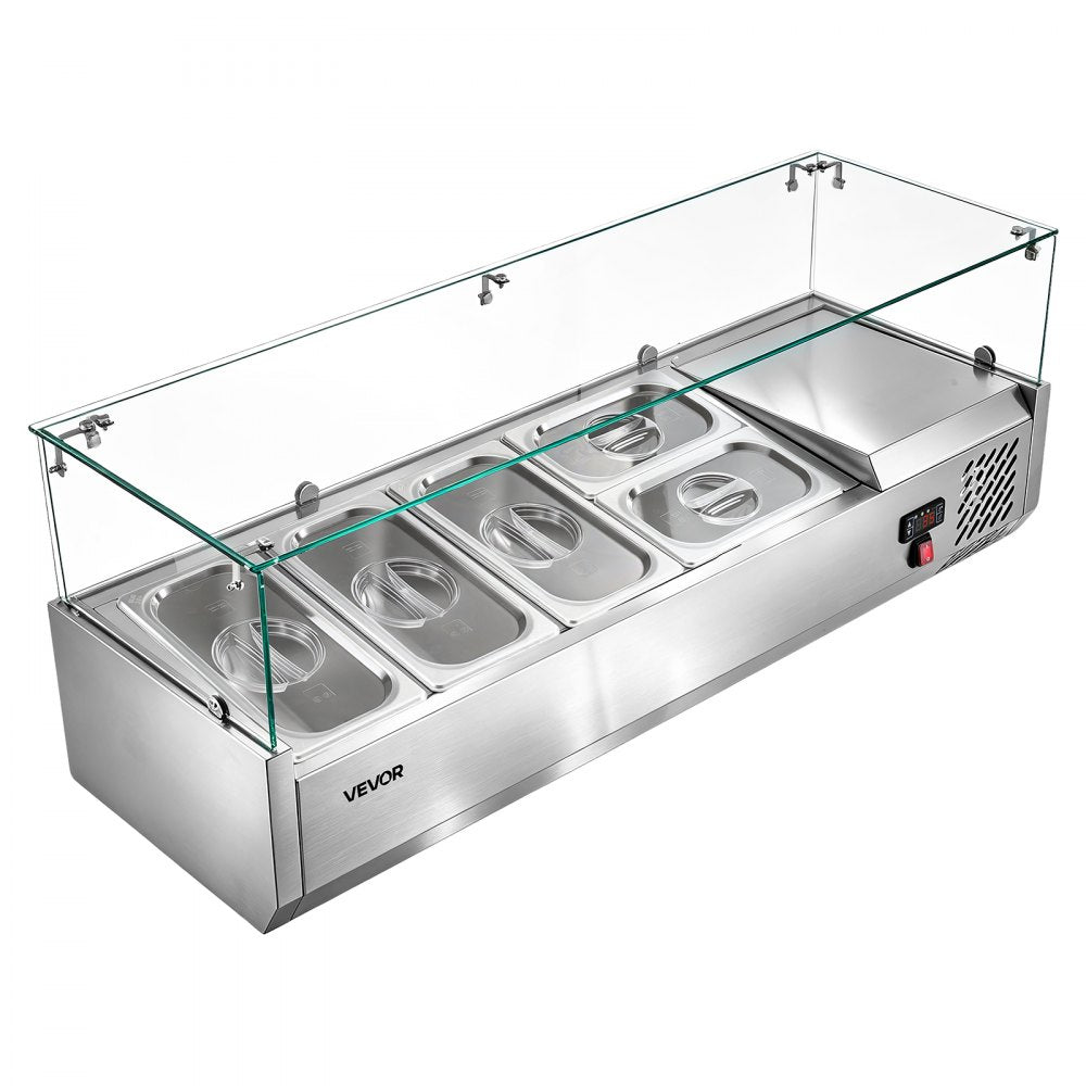 VEVOR Refrigerated Countertop Prep Unit Condiment Prep Station 26.4QT ETL, for Commercial Restaurant Salad Bar, 160W, with 3 x 1/3 & 2 x 1/4 Pans, Auto Defrost, Adjustable Temp, Glass Sneeze Guard