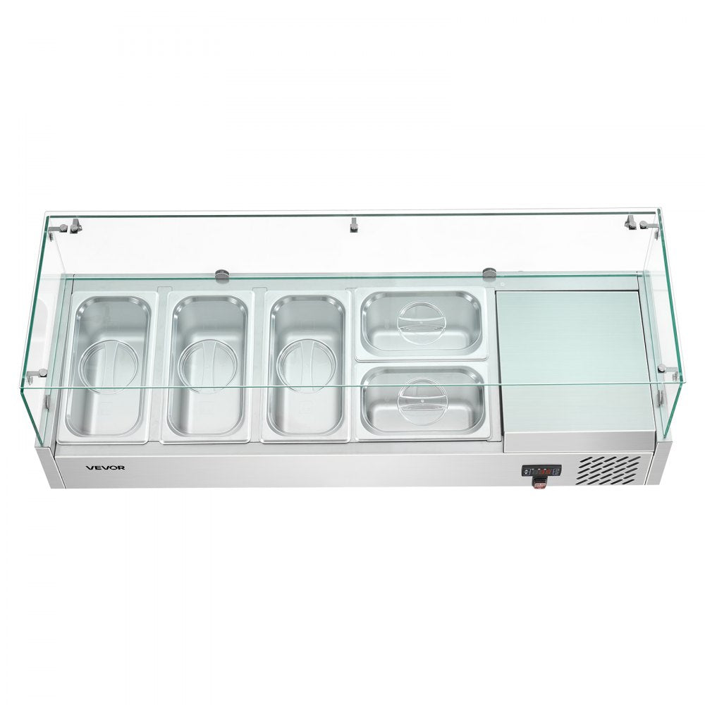 VEVOR Refrigerated Countertop Prep Unit Condiment Prep Station 26.4QT ETL, for Commercial Restaurant Salad Bar, 160W, with 3 x 1/3 & 2 x 1/4 Pans, Auto Defrost, Adjustable Temp, Glass Sneeze Guard