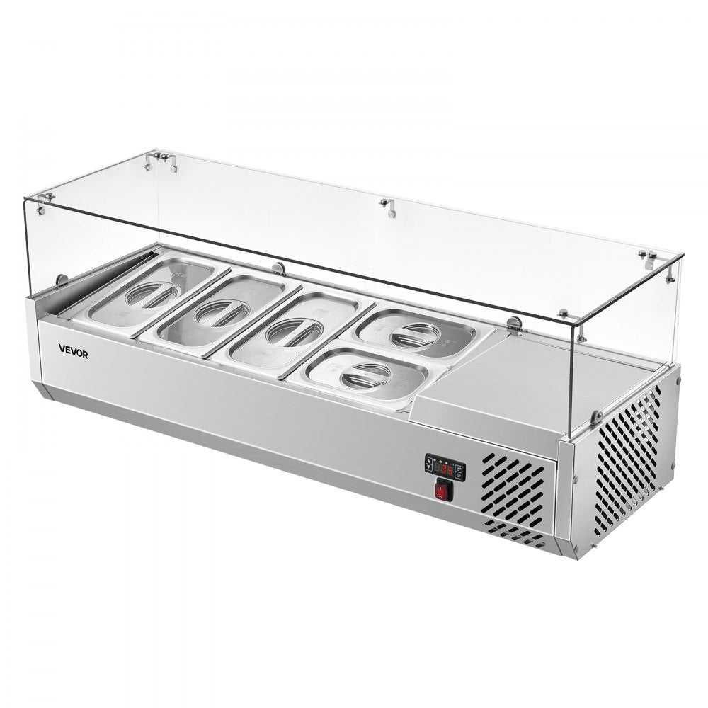 VEVOR Refrigerated Countertop Prep Unit Condiment Prep Station 26.4QT ETL, for Commercial Restaurant Salad Bar, 160W, with 3 x 1/3 & 2 x 1/4 Pans, Auto Defrost, Adjustable Temp, Glass Sneeze Guard