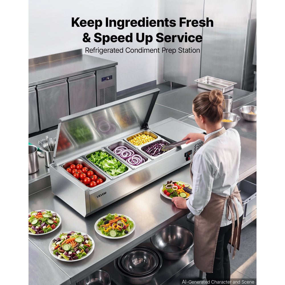 VEVOR Refrigerated Countertop Prep Unit Condiment Prep Station 26.4QT ETL, for Commercial Restaurant Salad Bar, 160W, with 3 x 1/3 & 2 x 1/4 Pans, Auto Defrost, Temp Control, Stainless Steel Cover