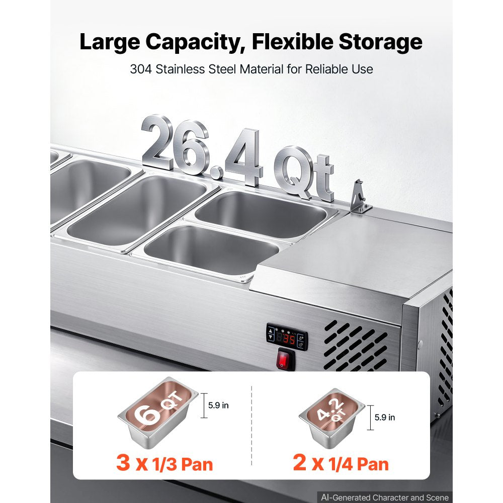 VEVOR Refrigerated Countertop Prep Unit Condiment Prep Station 26.4QT ETL, for Commercial Restaurant Salad Bar, 160W, with 3 x 1/3 & 2 x 1/4 Pans, Auto Defrost, Temp Control, Stainless Steel Cover