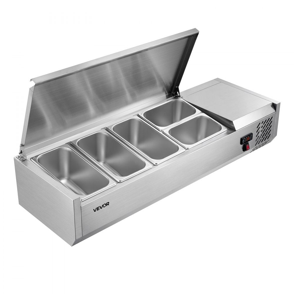 VEVOR Refrigerated Countertop Prep Unit Condiment Prep Station 26.4QT ETL, for Commercial Restaurant Salad Bar, 160W, with 3 x 1/3 & 2 x 1/4 Pans, Auto Defrost, Temp Control, Stainless Steel Cover