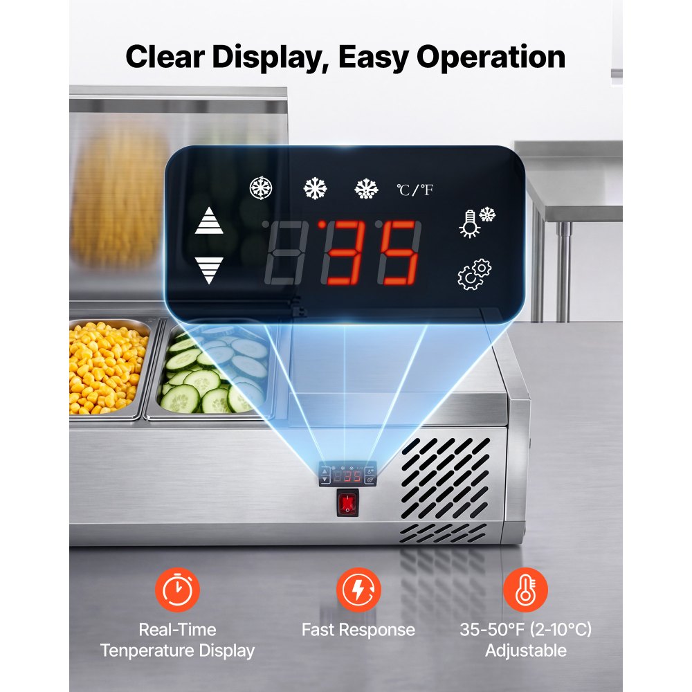 VEVOR Refrigerated Countertop Prep Unit Condiment Prep Station 36 QT ETL, for Commercial Restaurant Salad Bar, 160W, with 6 x 1/3 Pans, Auto Defrost, Adjustable Temp Control, Stainless Steel Cover