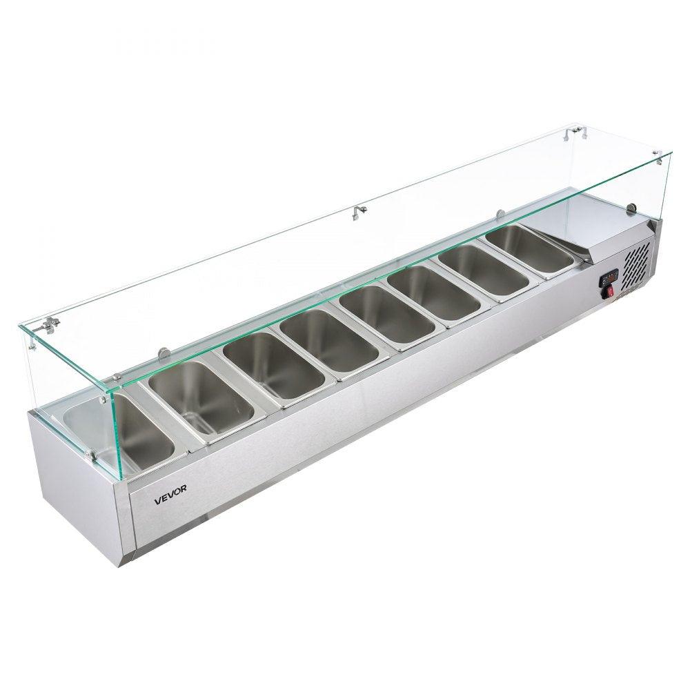 VEVOR Refrigerated Countertop Prep Unit Condiment Prep Station 33.6QT ETL, for Commercial Restaurant Salad Bar, 160W, with 8 x 1/4 Pans, Auto Defrost, Adjustable Temp Control, Glass Sneeze Guard