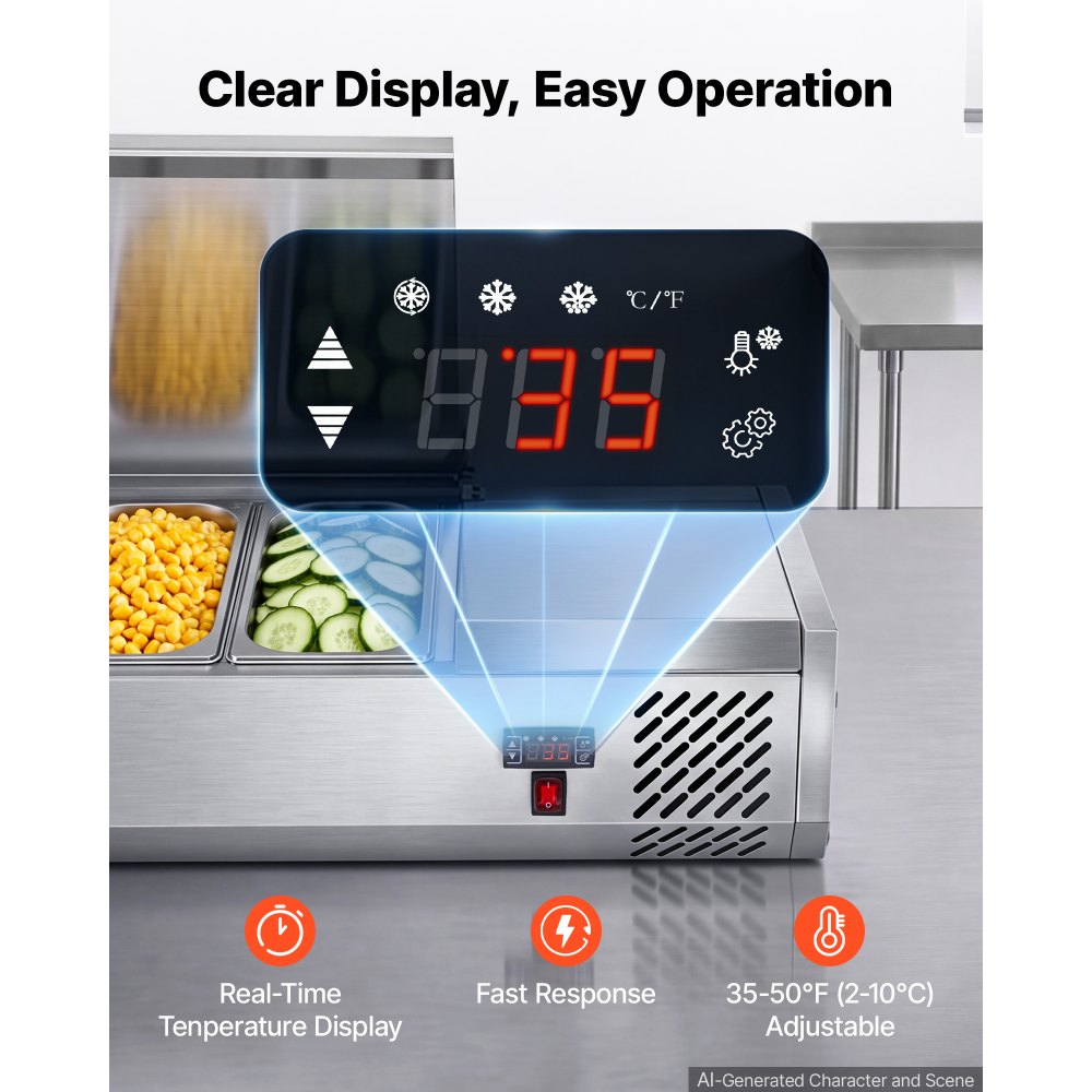 VEVOR Refrigerated Countertop Prep Unit Condiment Prep Station 48 QT ETL, for Commercial Restaurant Salad Bar, 160W, with 8 x 1/3 Pans, Auto Defrost, Adjustable Temp Control, Stainless Steel Cover