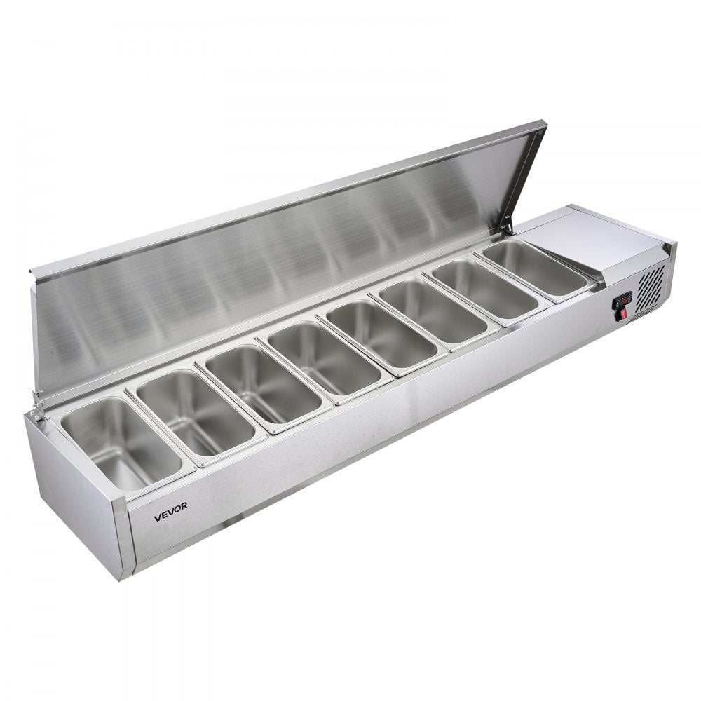 VEVOR Refrigerated Countertop Prep Unit Condiment Prep Station 48 QT ETL, for Commercial Restaurant Salad Bar, 160W, with 8 x 1/3 Pans, Auto Defrost, Adjustable Temp Control, Stainless Steel Cover