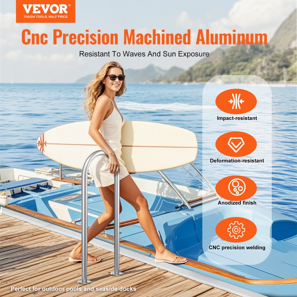 VEVOR Pool Handrail,36 x 13 inch Pool Railing, Aluminum with Base Plate for Indoor/Outdoor Pools, Humanized Swimming Pool Safety Railing for Decks, Rust-Proof Grab Bar with Accessories for Spas Docks