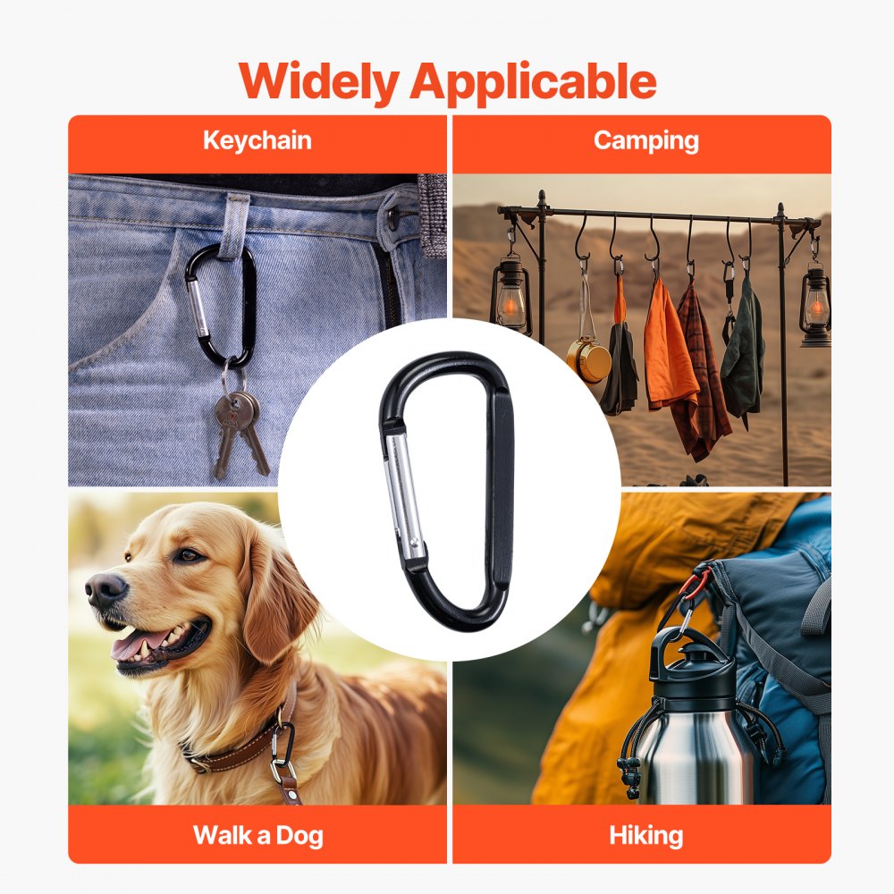 VEVOR 10 PCS Black Carabiner, Caribeaner Clip, Spring Snap Hook for Keychain Clip, 3.07" Aluminum Alloy D Ring Shape Carabeaner with 20 PCS Keyring, Multipurpose for Camping, Hiking, Backpacking