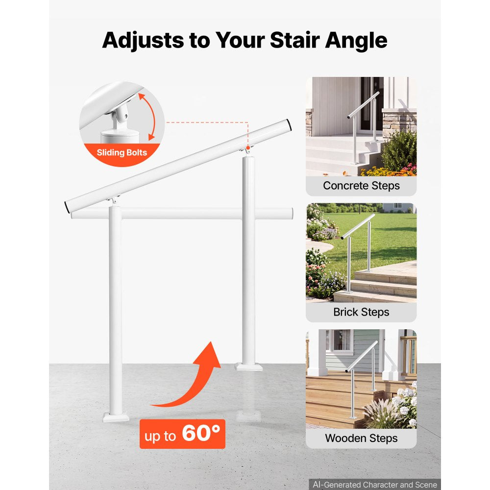 VEVOR Handrails for Outdoor Steps, 2-3 Step Aluminum Stair Hand Rail Kit, White Round Tube Stair Railings for Seniors, Concrete Steps, Porch, Deck, Heavy-Duty with Decorative Cover & Installation Kit