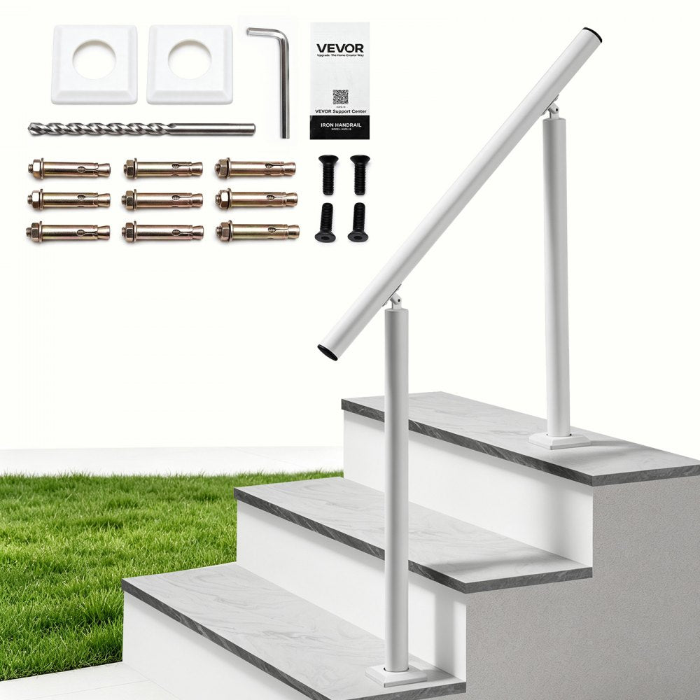 VEVOR Handrails for Outdoor Steps, 2-3 Step Aluminum Stair Hand Rail Kit, White Round Tube Stair Railings for Seniors, Concrete Steps, Porch, Deck, Heavy-Duty with Decorative Cover & Installation Kit