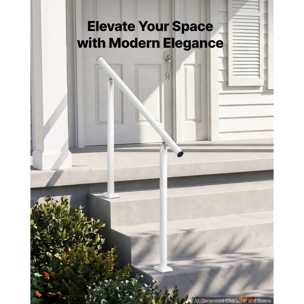 VEVOR Handrails for Outdoor Steps, 3-4 Step Aluminum Stair Hand Rail Kit, White Round Tube Stair Railings for Seniors, Concrete Steps, Porch, Deck, Heavy-Duty with Decorative Cover & Installation Kit