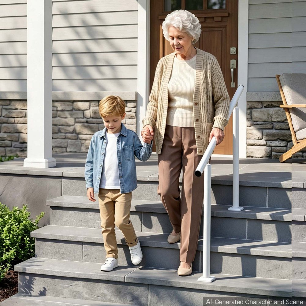 VEVOR Handrails for Outdoor Steps, 3-4 Step Aluminum Stair Hand Rail Kit, White Round Tube Stair Railings for Seniors, Concrete Steps, Porch, Deck, Heavy-Duty with Decorative Cover & Installation Kit
