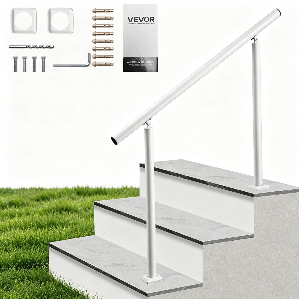 VEVOR Handrails for Outdoor Steps, 3-4 Step Aluminum Stair Hand Rail Kit, White Round Tube Stair Railings for Seniors, Concrete Steps, Porch, Deck, Heavy-Duty with Decorative Cover & Installation Kit