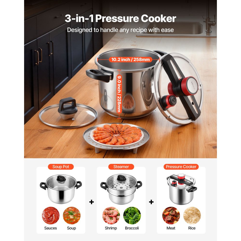 VEVOR Pressure Cooker, 12Qt Pressure Cooker Stainless Steel, Pressures Canner with Steaming Rack, Tempered Glass Lid, Three Pressures Settings for Meat, Beans, Rice, Soup, Sauces, Cook up to 100 kPa