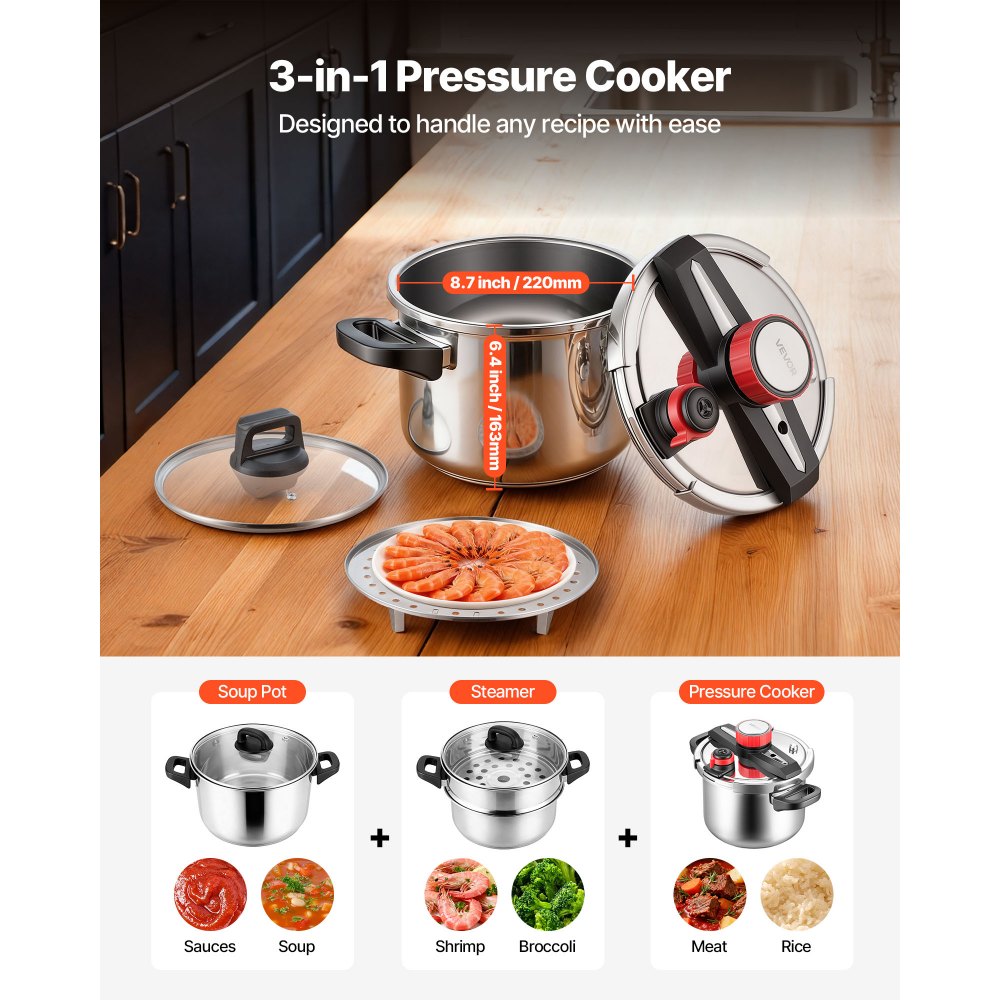 VEVOR Pressure Cooker, 6.3Qt Pressure Cooker Stainless Steel, Pressures Canner with Steaming Rack, Tempered Glass Lid, Three Pressures Settings for Meat, Beans, Rice, Soup, Sauces, Cook up to 100 kPa