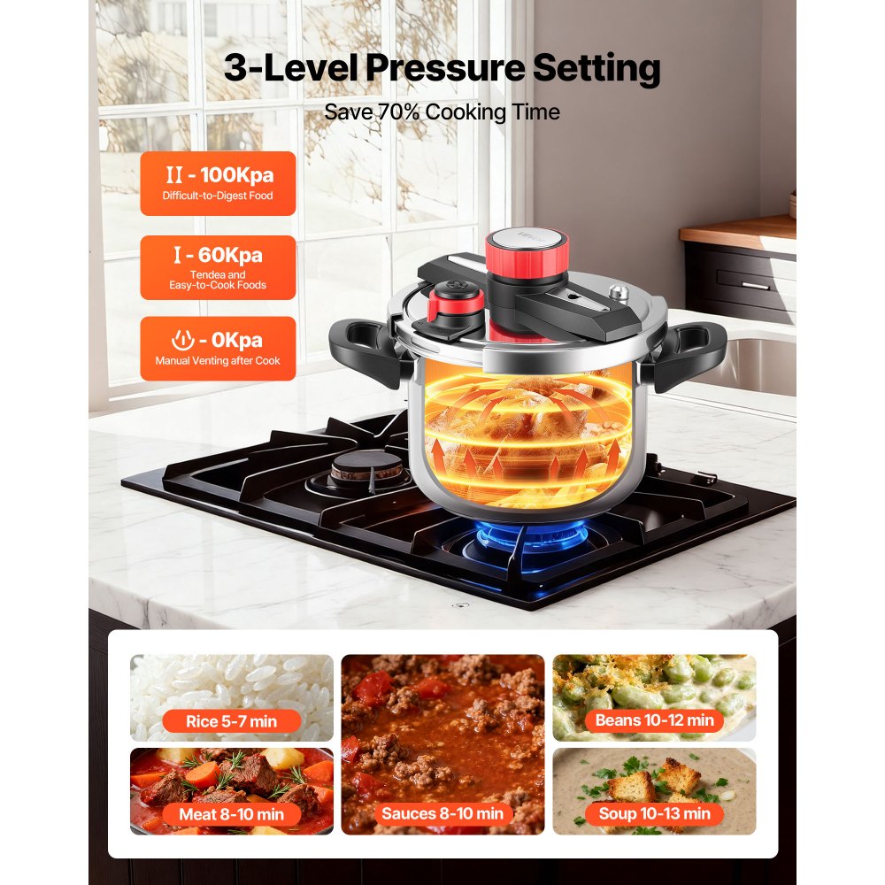 VEVOR Pressure Cooker, 6.3Qt Pressure Cooker Stainless Steel, Pressures Canner with Steaming Rack, Tempered Glass Lid, Three Pressures Settings for Meat, Beans, Rice, Soup, Sauces, Cook up to 100 kPa