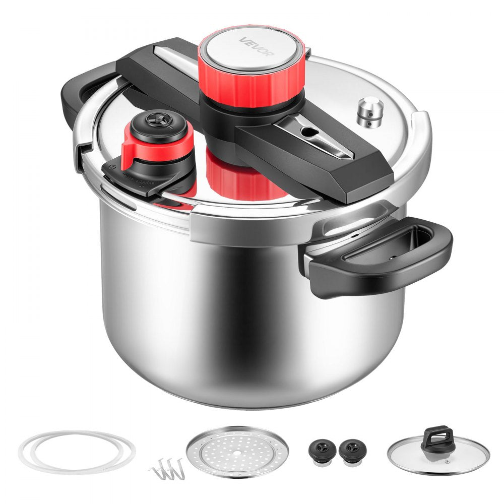 VEVOR Pressure Cooker, 6.3Qt Pressure Cooker Stainless Steel, Pressures Canner with Steaming Rack, Tempered Glass Lid, Three Pressures Settings for Meat, Beans, Rice, Soup, Sauces, Cook up to 100 kPa